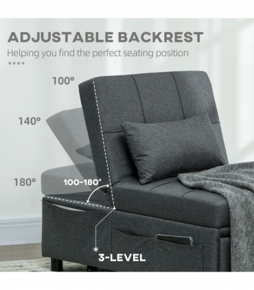 HOMCOM Folding Sofa Bed Adjustable Single Sleeper w/ Pillow Side Pocket, Grey