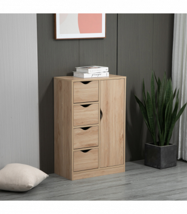 HOMCOM Freestanding Bathroom Cabinet with 4 Drawers and Door Cupboard Natural