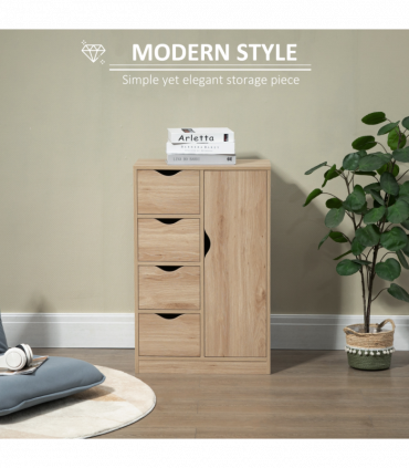HOMCOM Freestanding Bathroom Cabinet with 4 Drawers and Door Cupboard Natural