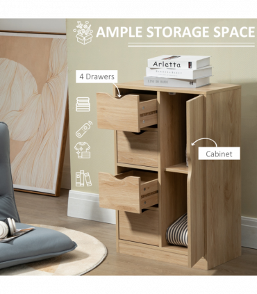 HOMCOM Freestanding Bathroom Cabinet with 4 Drawers and Door Cupboard Natural