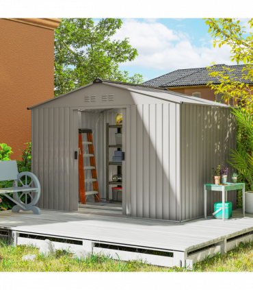 Outsunny 9 x 6FT Galvanised Garden Storage Shed with Sliding Door, Grey
