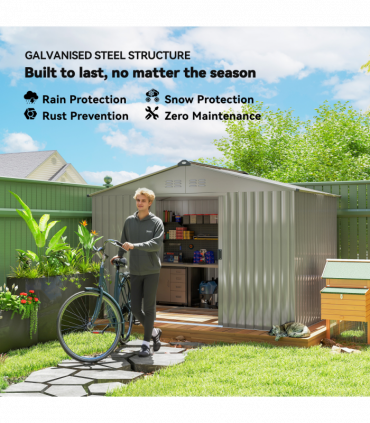 Outsunny 9 x 6FT Galvanised Garden Storage Shed with Sliding Door, Grey