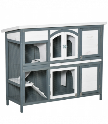 Two-Tier Wooden Rabbit Hutch Bunny Run w/ Openable Roof, Slide-Out Tray, Ramp