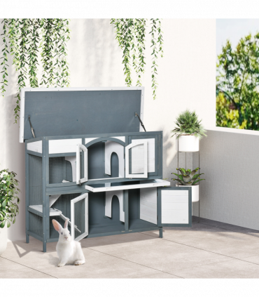 Two-Tier Wooden Rabbit Hutch Bunny Run w/ Openable Roof, Slide-Out Tray, Ramp