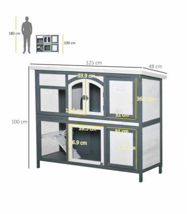 Two-Tier Wooden Rabbit Hutch Bunny Run w/ Openable Roof, Slide-Out Tray, Ramp