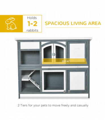Two-Tier Wooden Rabbit Hutch Bunny Run w/ Openable Roof, Slide-Out Tray, Ramp
