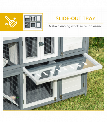 Two-Tier Wooden Rabbit Hutch Bunny Run w/ Openable Roof, Slide-Out Tray, Ramp