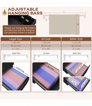 Vinsetto Steel File Cabinet with Lock Hanging Bar for Letter A4 Legal Size Black