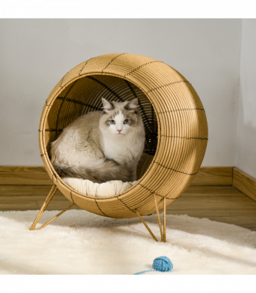 PawHut Wicker Cat Bed Elevated Rattan Kitten Basket Cozy Cave w/ Soft Cushion