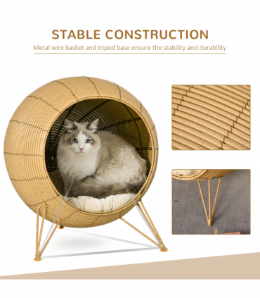 PawHut Wicker Cat Bed Elevated Rattan Kitten Basket Cozy Cave w/ Soft Cushion