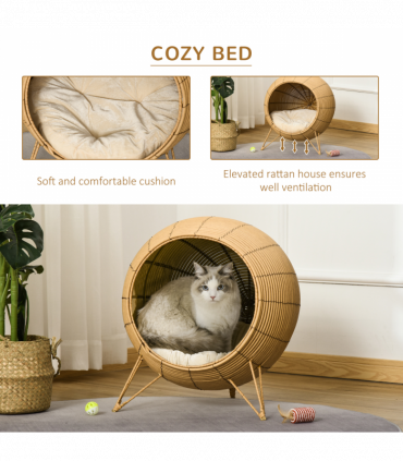PawHut Wicker Cat Bed Elevated Rattan Kitten Basket Cozy Cave w/ Soft Cushion