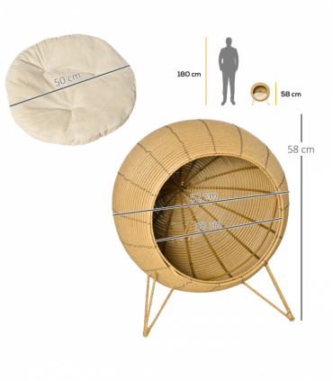 PawHut Wicker Cat Bed Elevated Rattan Kitten Basket Cozy Cave w/ Soft Cushion