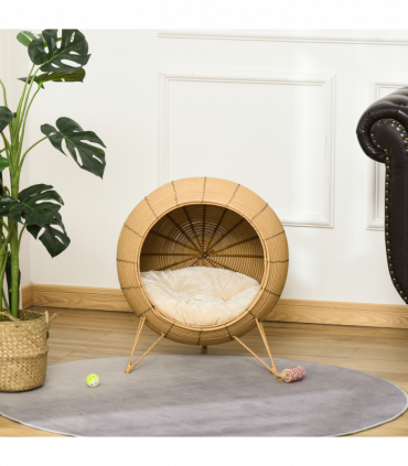 PawHut Wicker Cat Bed Elevated Rattan Kitten Basket Cozy Cave w/ Soft Cushion