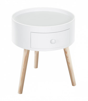 Round Coffee Table White Natural wood colour 38 x 45H cm MDF Drawer Kids-safe