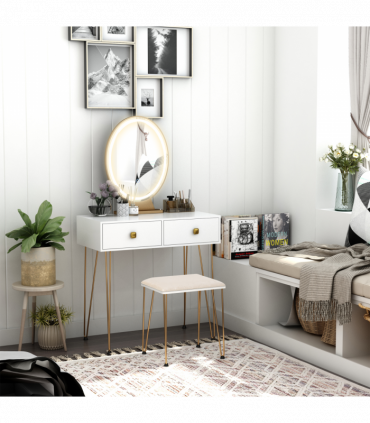 Dressing Table Set With LED Mirror & Stool 2 Drawers Makeup Desk