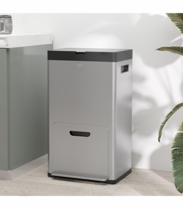 HOMCOM 3 Compartment Kitchen Bin, 56L Stainless Steel Pedal Bin with Wheels