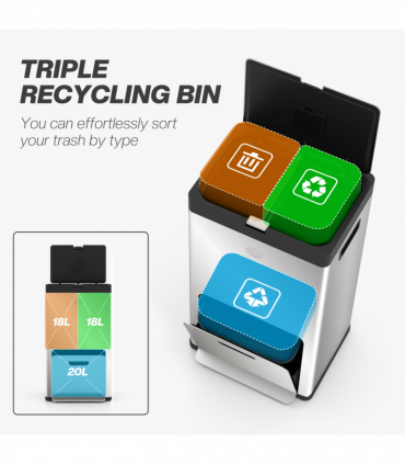 HOMCOM 3 Compartment Kitchen Bin, 56L Stainless Steel Pedal Bin with Wheels