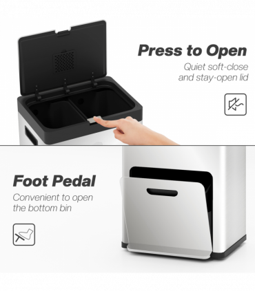 HOMCOM 3 Compartment Kitchen Bin, 56L Stainless Steel Pedal Bin with Wheels