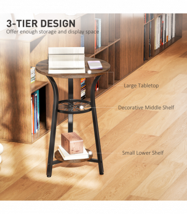 HOMCOM 3-Tier Small End Table Industrial 38 cm Round Side Table Rustic Brown