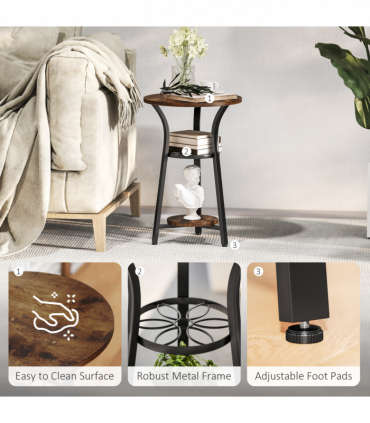 HOMCOM 3-Tier Small End Table Industrial 38 cm Round Side Table Rustic Brown