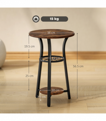 HOMCOM 3-Tier Small End Table Industrial 38 cm Round Side Table Rustic Brown