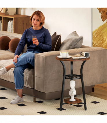 HOMCOM 3-Tier Small End Table Industrial 38 cm Round Side Table Rustic Brown