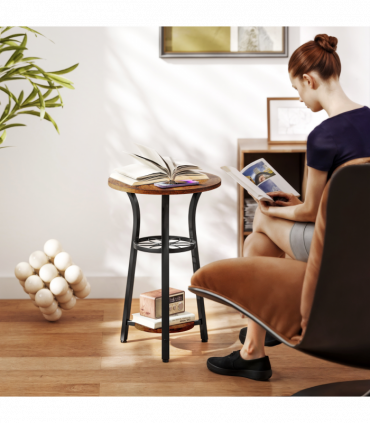 HOMCOM 3-Tier Small End Table Industrial 38 cm Round Side Table Rustic Brown