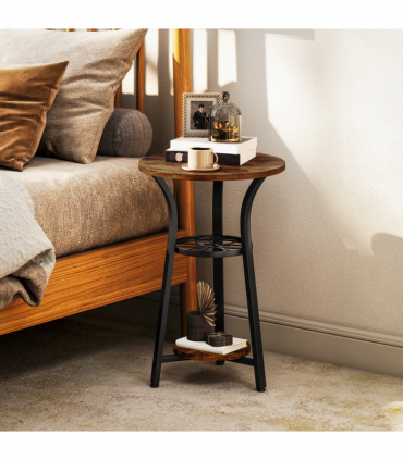 HOMCOM 3-Tier Small End Table Industrial 38 cm Round Side Table Rustic Brown