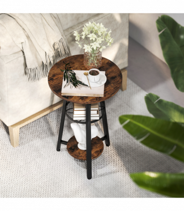 HOMCOM 3-Tier Small End Table Industrial 38 cm Round Side Table Rustic Brown