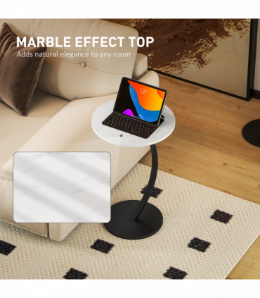 HOMCOM C Shaped Side Table, Round Bedside Table w/ Marble Effect Top, White