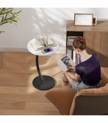 HOMCOM C Shaped Side Table, Round Bedside Table w/ Marble Effect Top, White