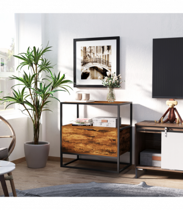 HOMCOM Industrial-Style Side Table w/ Drawer Open Shelf Steel Frame Base Retro