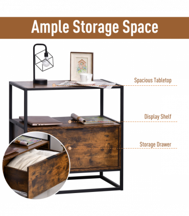 HOMCOM Industrial-Style Side Table w/ Drawer Open Shelf Steel Frame Base Retro