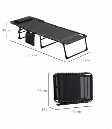 Lounger Folding Reclining Camping Bed 5-position Adjustable Black