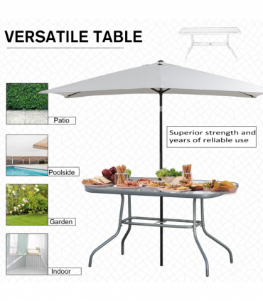 Metal Garden Dining Table Outdoor Patio w/ Glass, Umbrella Hole