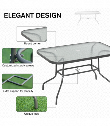 Metal Garden Dining Table Outdoor Patio w/ Glass, Umbrella Hole