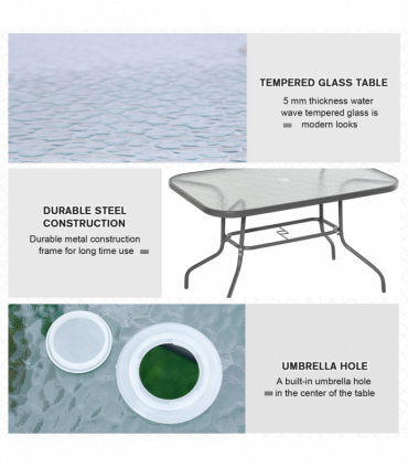 Metal Garden Dining Table Outdoor Patio w/ Glass, Umbrella Hole