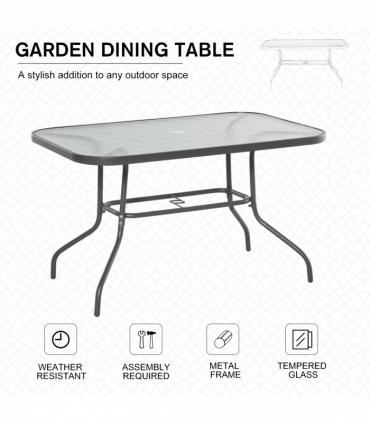 Metal Garden Dining Table Outdoor Patio w/ Glass, Umbrella Hole
