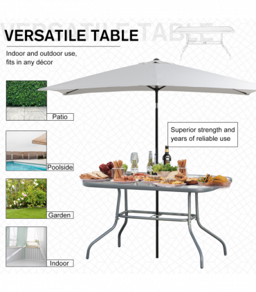 Metal Garden Table Carbon Garden Dining Table Outdoor Glass, Umbrella Hole