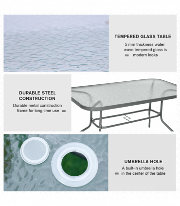 Metal Garden Table Carbon Garden Dining Table Outdoor Glass, Umbrella Hole