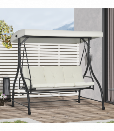 Outsunny 3 Seater Canopy Swing Chair Porch Hammock Bed Rocking Bench Cream White