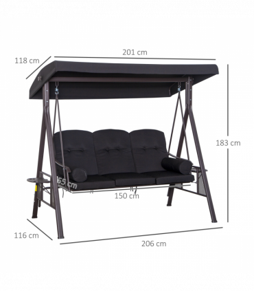 Outsunny 3 Seater Garden Swing Chair Patio Swing Bench w/ Cup Trays Black