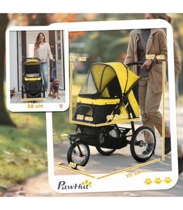 PawHut 3 Wheel Pet Stroller, for Medium Small Dogs, Foldable Cat Pram - Yellow