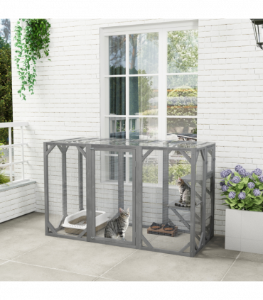 PawHut 71"Wooden Cat House with 3 Platforms, Large Door for Multiple Cats