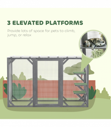 PawHut 71"Wooden Cat House with 3 Platforms, Large Door for Multiple Cats