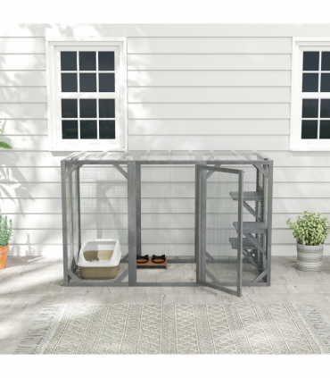 PawHut 71"Wooden Cat House with 3 Platforms, Large Door for Multiple Cats