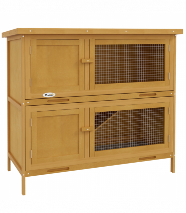 PawHut Double Decker Rabbit Hutch Bunny Cage Pet House Outdoor with Tray, Yellow