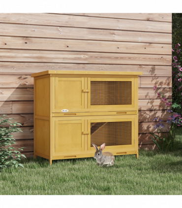 PawHut Double Decker Rabbit Hutch Bunny Cage Pet House Outdoor with Tray, Yellow