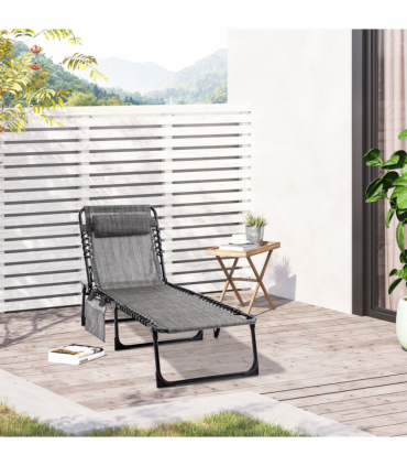 Portable Sun Lounger, Folding Camping  Adjustable , Pillow Grey