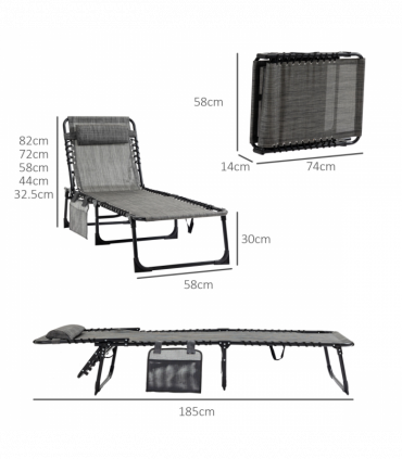 Portable Sun Lounger, Folding Camping  Adjustable , Pillow Grey